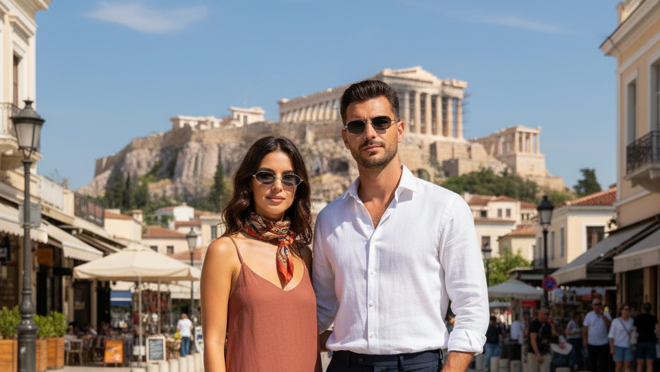 home page banner, man and woman wear sunglasses and pose at center of Athens