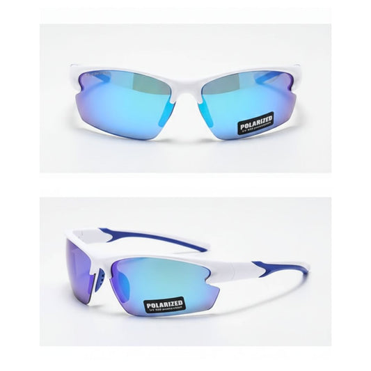 Γυαλιά ηλίου Polarized P1880 άσπρος σκελετός με μπλε σχέδιο στο βραχίονα και μπλε καθρέφτη φακό